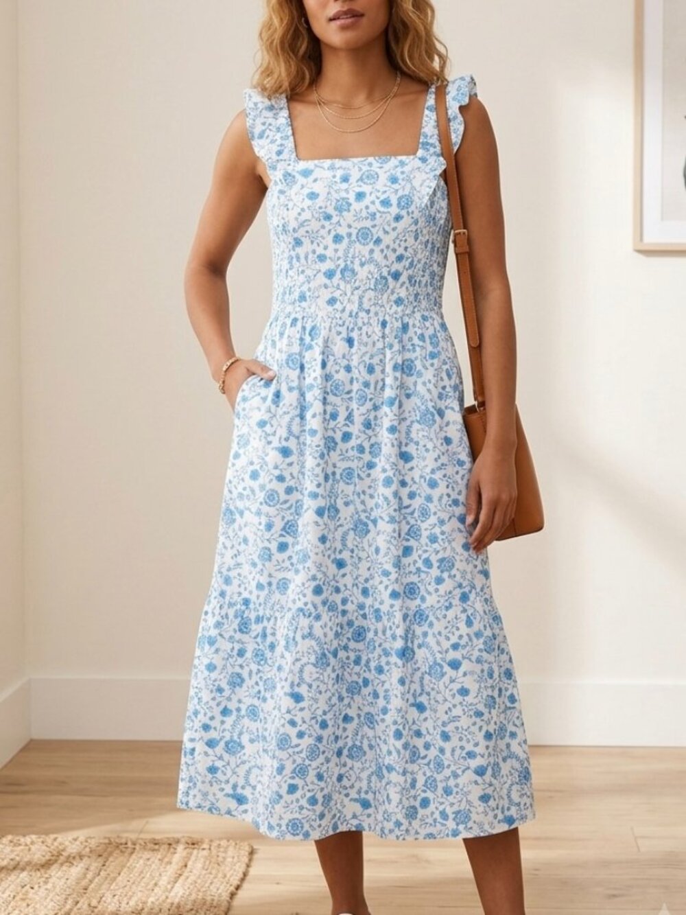 Draper James Blue Paisey Smocked Midi Sundress Large 100%Cotton Cottagecore Boho